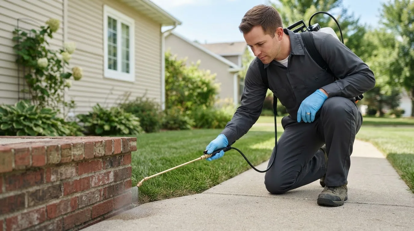 Pest control technician treating a home near Chadwick, IL