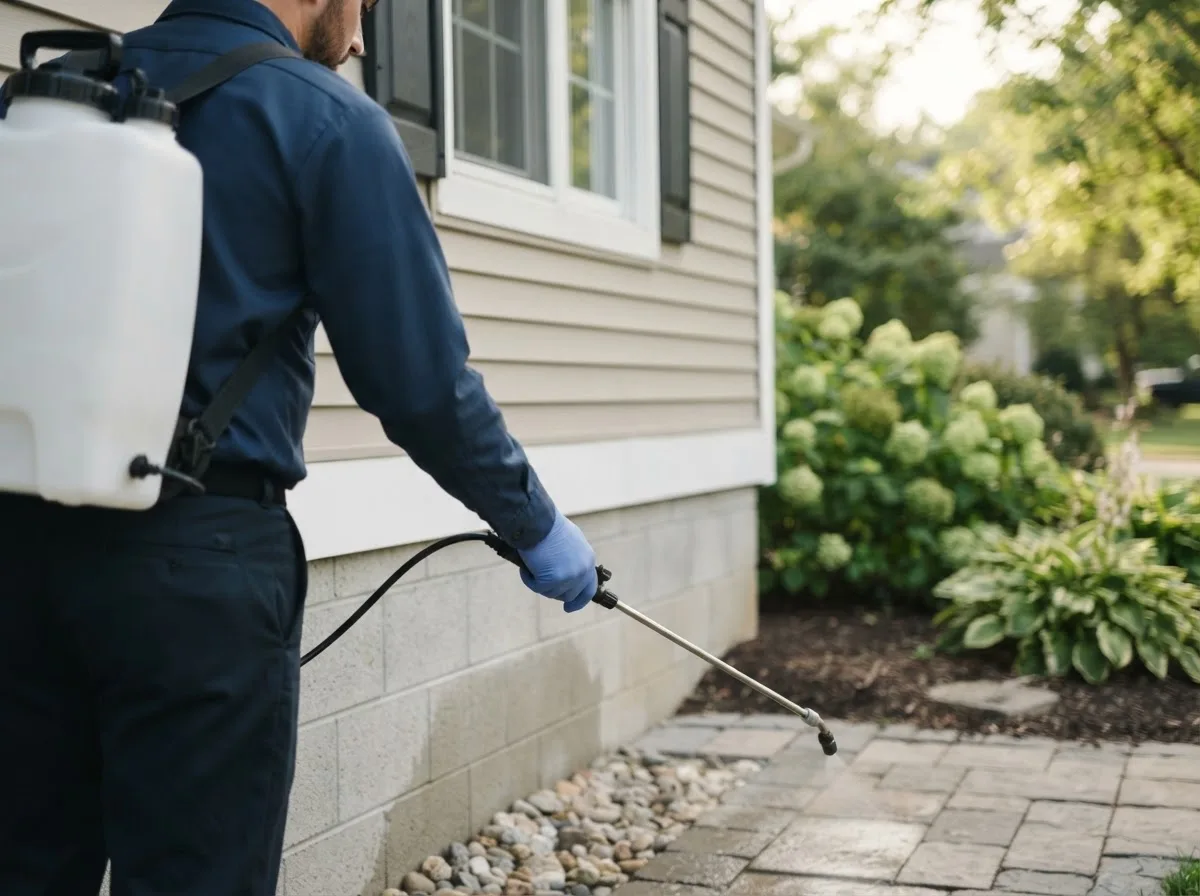 Pest control technician inspecting a home in Chadwick, IL